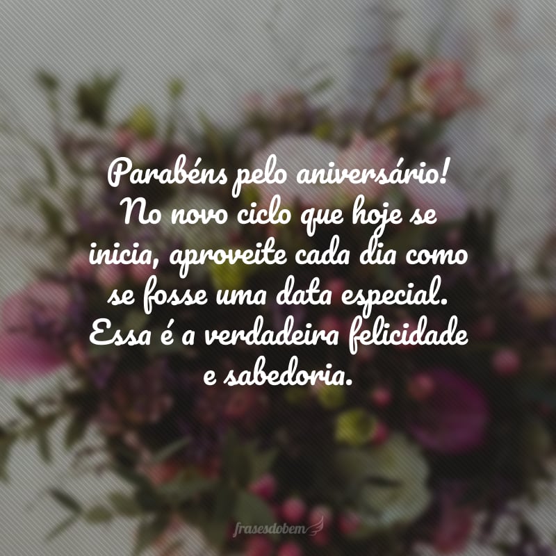 Parabéns pelo aniversário! No novo ciclo que hoje se inicia, aproveite cada dia como se fosse uma data especial. Essa é a verdadeira felicidade e sabedoria.