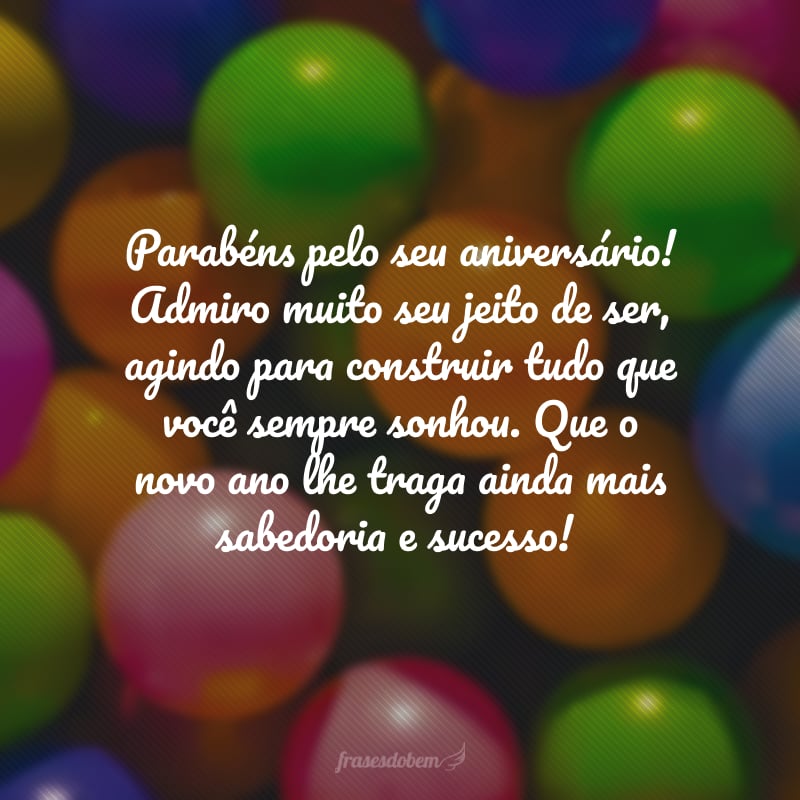 Parabéns pelo seu aniversário! Admiro muito seu jeito de ser, agindo para construir tudo que você sempre sonhou. Que o novo ano lhe traga ainda mais sabedoria e sucesso!