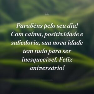 Parabéns pelo seu dia! Com calma, positividade e sabedoria, sua nova idade tem tudo para ser inesquecível. Feliz aniversário!