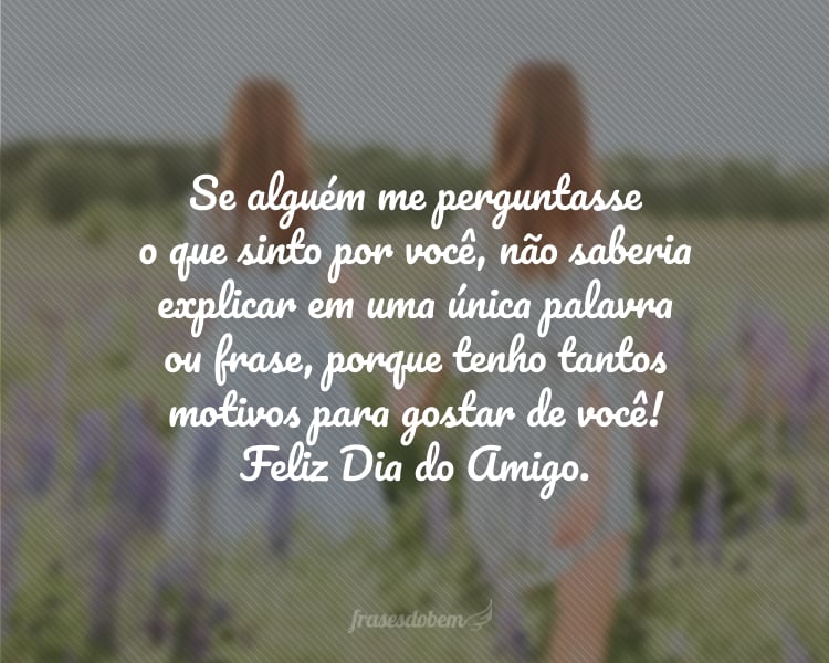 Se alguém me perguntasse o que sinto por você, não saberia explicar em uma única palavra ou frase, porque tenho tantos motivos para gostar de você! Feliz Dia do Amigo.