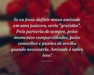 Se eu fosse definir nossa amizade em uma palavra, seria "gratidão". Pela parceria de sempre, pelos momentos compartilhados, pelos conselhos e puxões de orelha quando necessário. Amizade é sobre isso!