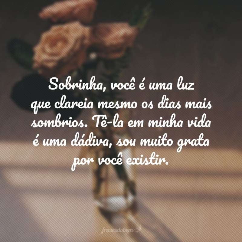 Sobrinha, você é uma luz que clareia mesmo os dias mais sombrios. Tê-la em minha vida é uma dádiva, sou muito grata por você existir.