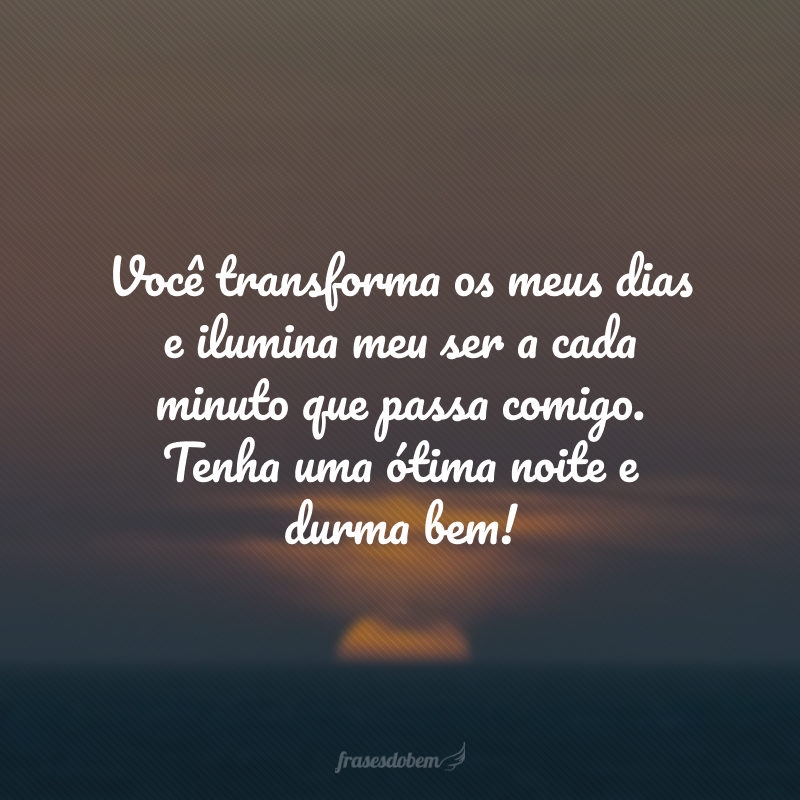 Você transforma os meus dias e ilumina meu ser a cada minuto que passa comigo. Tenha uma ótima noite e durma bem! 