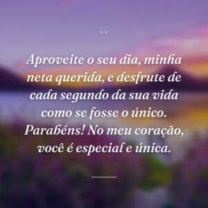 Aproveite o seu dia, minha neta querida, e desfrute de cada segundo da sua vida como se fosse o único. Parabéns! No meu coração, você é especial e única.