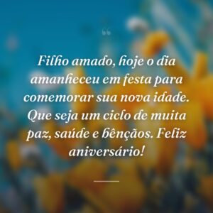Filho amado, hoje o dia amanheceu em festa para comemorar sua nova idade. Que seja um ciclo de muita paz, saúde e bênçãos. Feliz aniversário!