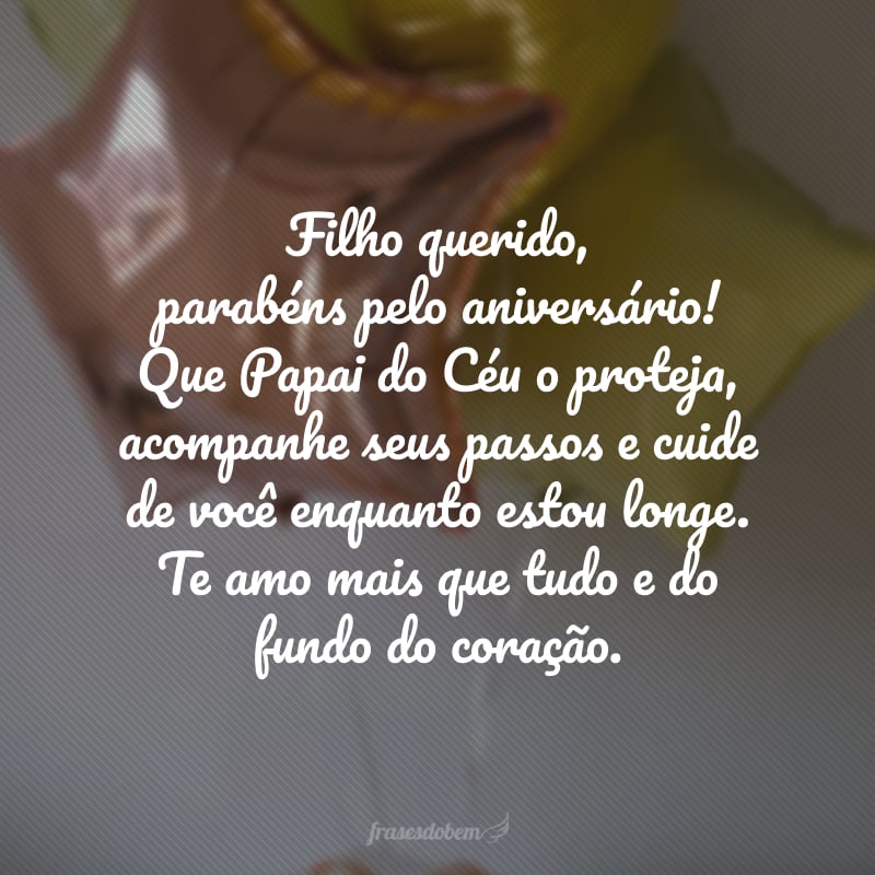 Filho querido, parabéns pelo aniversário! Que Papai do Céu o proteja, acompanhe seus passos e cuide de você enquanto estou longe. Te amo mais que tudo e do fundo do coração.