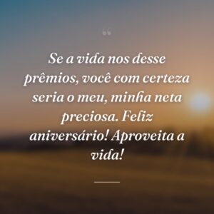 Se a vida nos desse prêmios, você com certeza seria o meu, minha neta preciosa. Feliz aniversário! Aproveita a vida!