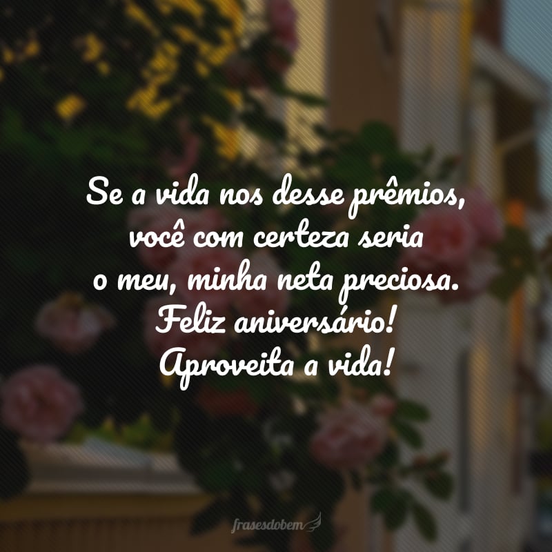 Se a vida nos desse prêmios, você com certeza seria o meu, minha neta preciosa. Feliz aniversário! Aproveita a vida! 