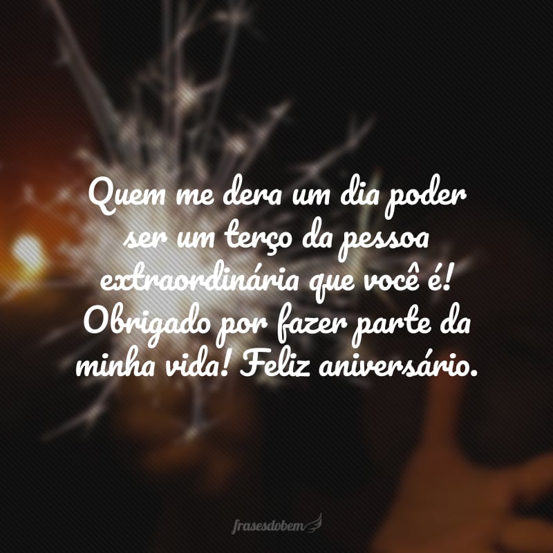 Quem me dera um dia poder ser um terço da pessoa extraordinária que você é! Obrigado por fazer parte da minha vida! Feliz aniversário.