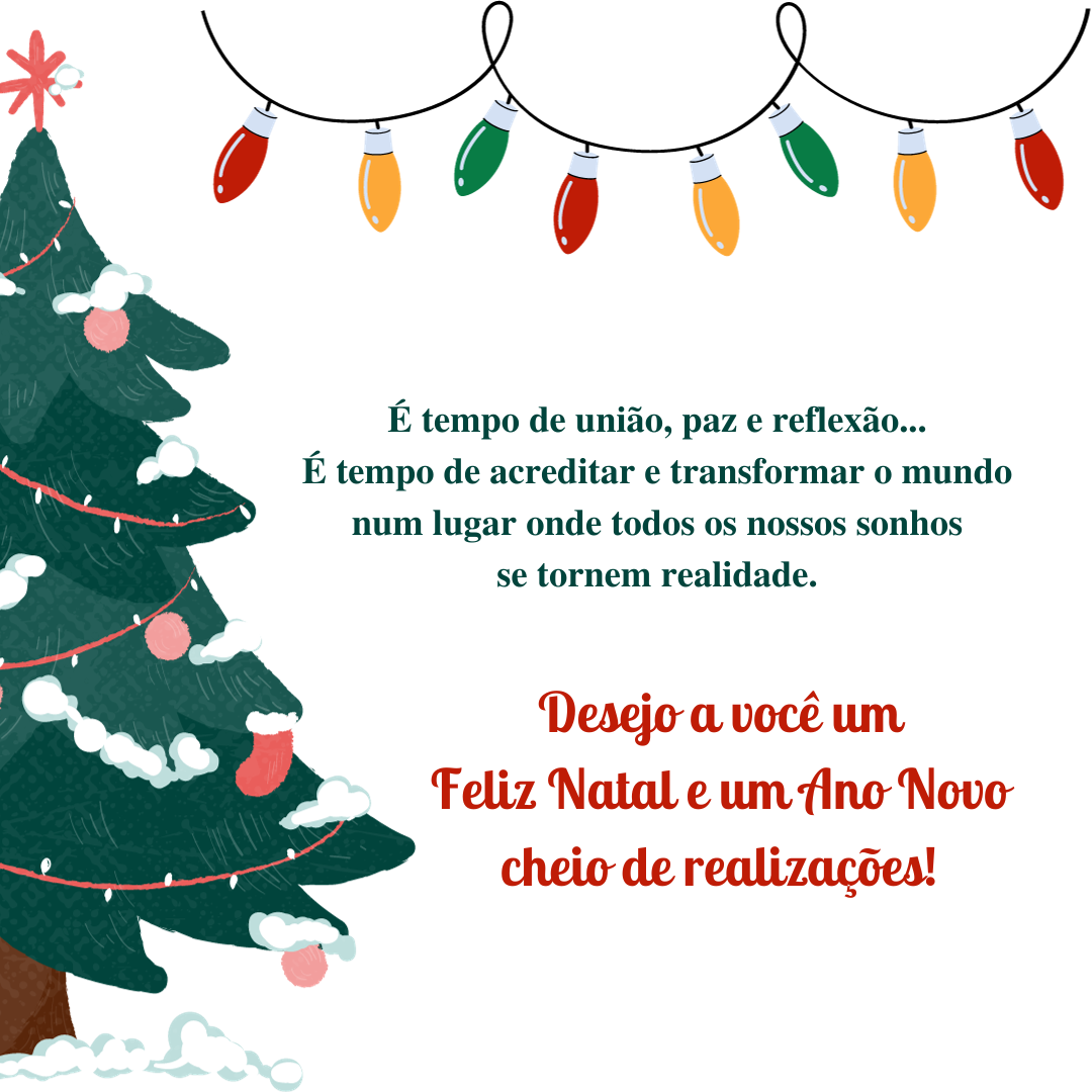 É tempo de união, paz e reflexão... É tempo de acreditar e transformar o mundo num lugar onde todos os nossos sonhos se tornem realidade. Desejo a você um Feliz Natal e um Ano Novo cheio de realizações!