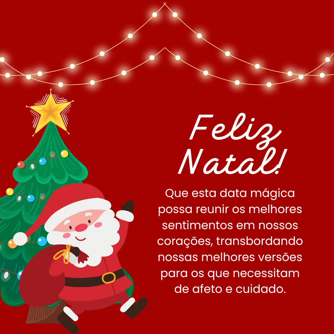 Feliz Natal! Que esta data mágica possa reunir os melhores sentimentos em nossos corações, transbordando nossas melhores versões para os que necessitam de afeto e cuidado.