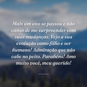 Mais um ano se passou e não canso de me surpreender com suas mudanças. Vejo a sua evolução como filho e ser humano! Admiração que não cabe no peito. Parabéns! Amo muito você, meu querido!