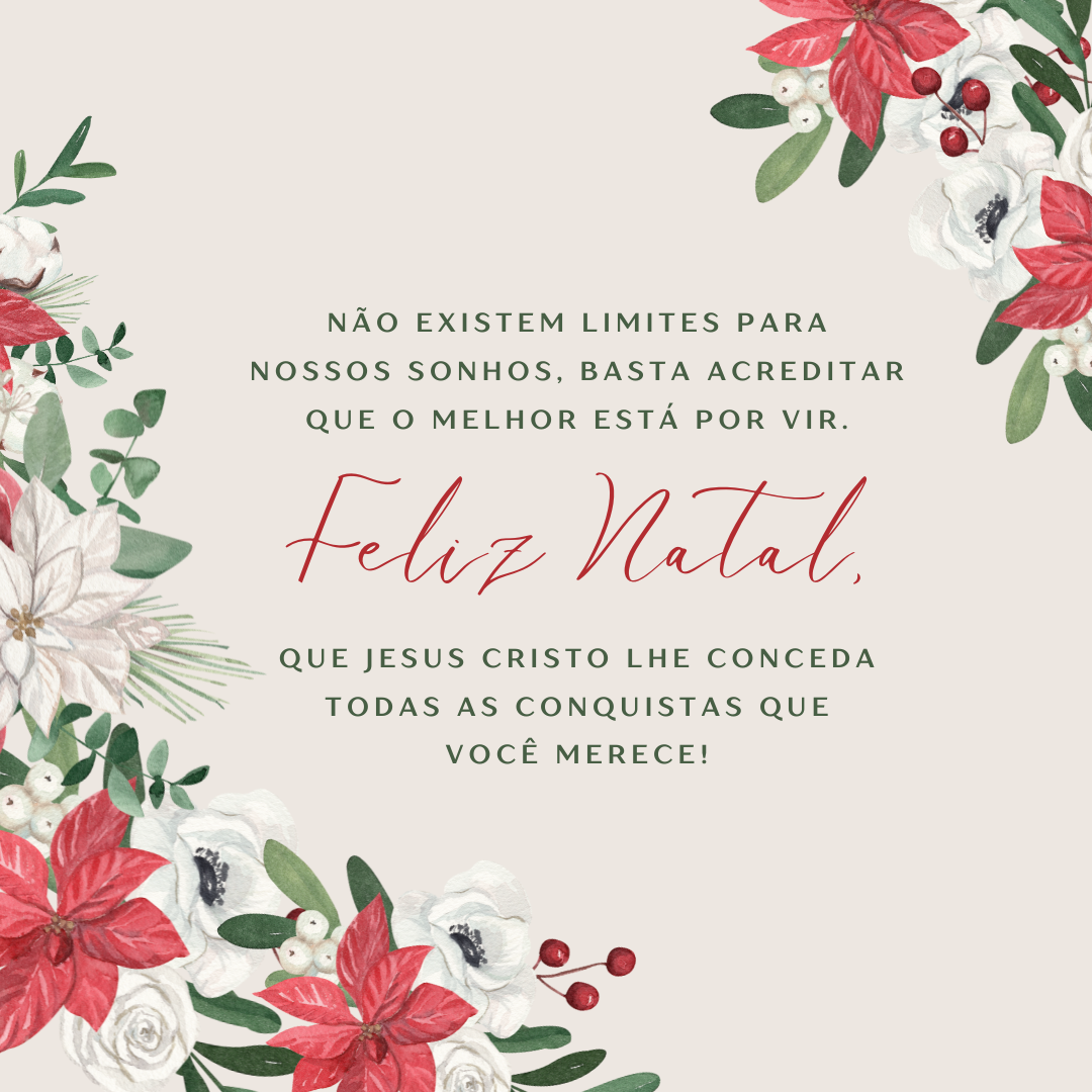 Não existem limites para nossos sonhos, basta acreditar que o melhor está por vir. Feliz Natal, que Jesus Cristo lhe conceda todas as conquistas que você merece!