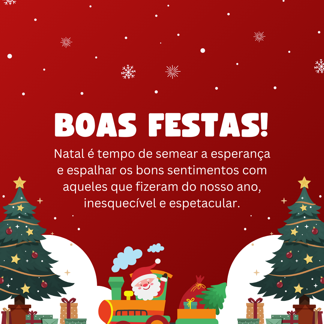 Natal é tempo de semear a esperança e espalhar os bons sentimentos com aqueles que fizeram do nosso ano, inesquecível e espetacular. Boas Festas!