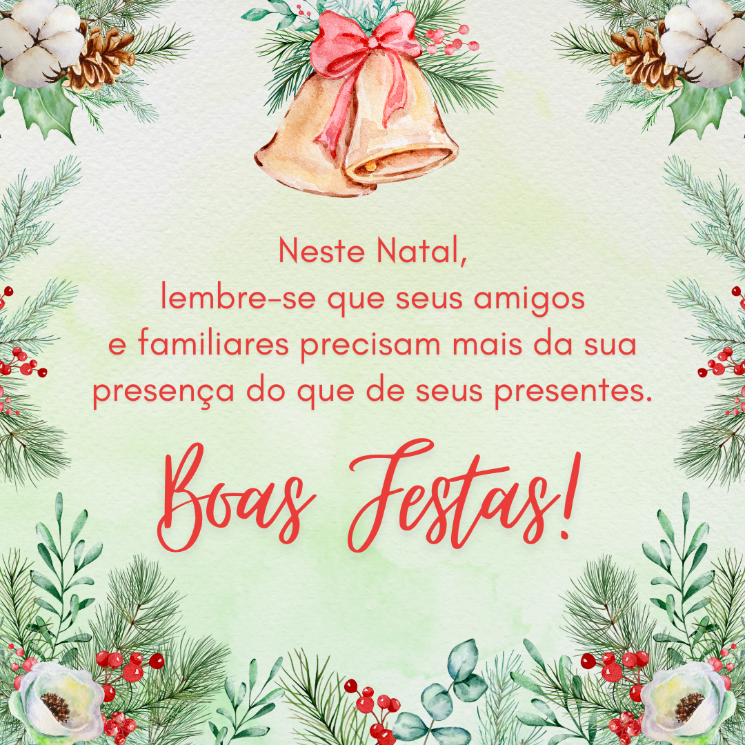 Neste Natal, lembre-se que seus amigos e familiares precisam mais da sua presença do que de seus presentes. Boas Festas!