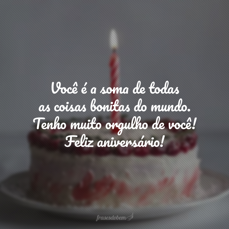 Você é a soma de todas as coisas bonitas do mundo. Tenho muito orgulho de você! Feliz aniversário!