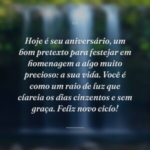 Hoje é seu aniversário, um bom pretexto para festejar em homenagem a algo muito precioso: a sua vida. Você é como um raio de luz que clareia os dias cinzentos e sem graça. Feliz novo ciclo!