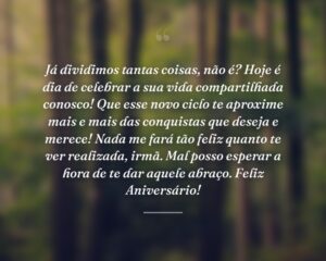 Já dividimos tantas coisas, não é? Hoje é dia de celebrar a sua vida compartilhada conosco! Que esse novo ciclo te aproxime mais e mais das conquistas que deseja e merece! Nada me fará tão feliz quanto te ver realizada, irmã. Mal posso esperar a hora de te dar aquele abraço. Feliz Aniversário!