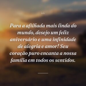 Para a afilhada mais linda do mundo, desejo um feliz aniversário e uma infinidade de alegria e amor! Seu coração puro encanta a nossa família em todos os sentidos.