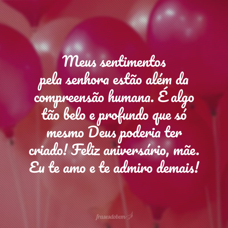 Meus sentimentos pela senhora estão além da compreensão humana. É algo tão belo e profundo que só mesmo Deus poderia ter criado! Feliz aniversário, mãe. Eu te amo e te admiro demais!