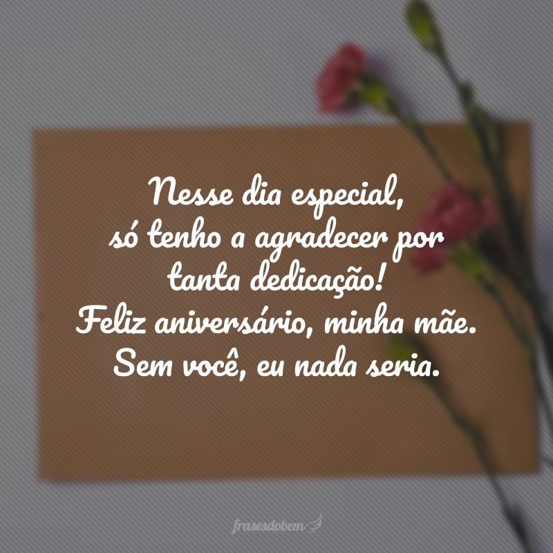 Quantos problemas você enfrentou sozinha para me proteger... Só nós duas sabemos das pedras desse caminho. Nesse dia especial, só tenho a agradecer por tanta dedicação! Feliz aniversário, minha mãe. Sem você, eu nada seria.