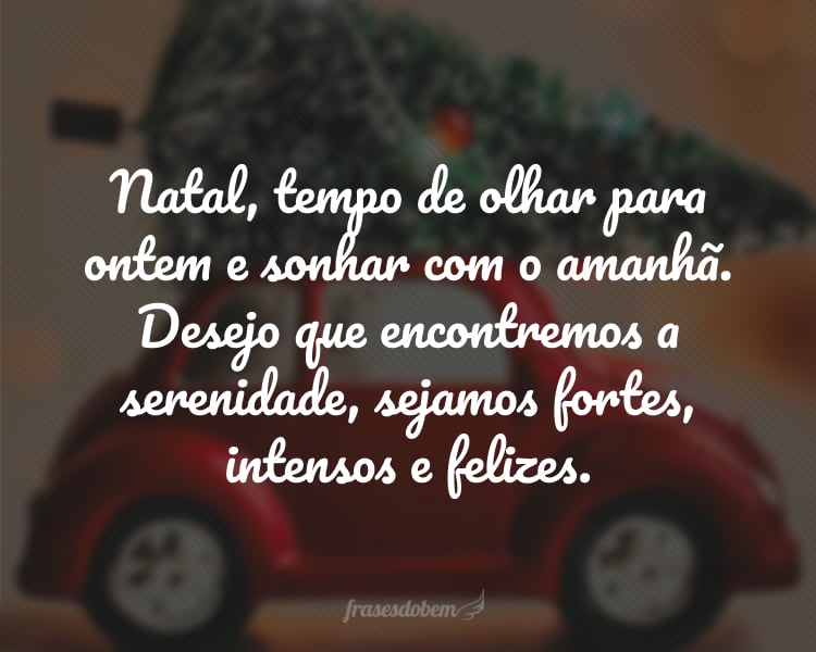 Natal, tempo de olhar para ontem e sonhar com o amanhã. Desejo que encontremos a serenidade, sejamos fortes, intensos e felizes.