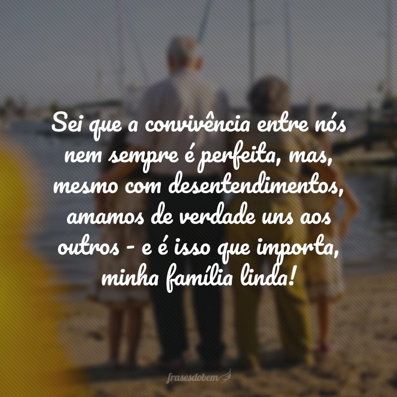 Sei que a convivência entre nós nem sempre é perfeita, mas, mesmo com desentendimentos, amamos de verdade uns aos outros - e é isso que importa, minha família linda!