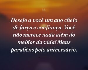 Desejo a você um ano cheio de força e confiança. Você não merece nada além do melhor da vida! Meus parabéns pelo aniversário.
