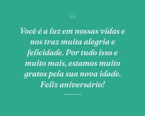 Você é a luz em nossas vidas e nos traz muita alegria e felicidade. Por tudo isso e muito mais, estamos muito gratos pela sua nova idade. Feliz aniversário!