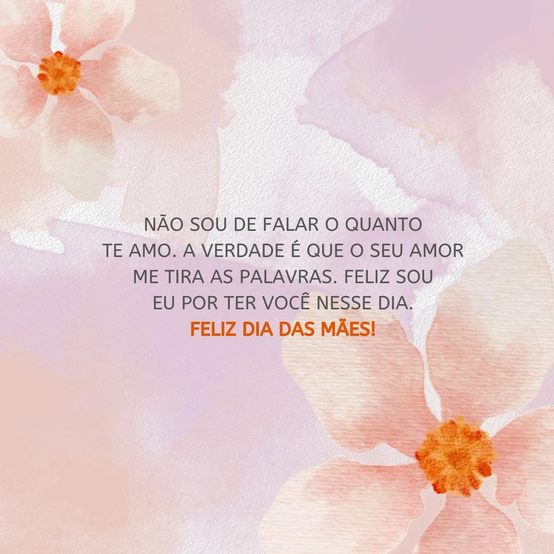 Não sou de falar o quanto te amo. A verdade é que o seu amor me tira as palavras. Ainda que vivesse mil vidas, seria pouco para agradecer você por não ter desistido de mim, de nós. Mãe, só peço a Deus que te torne eterna em meu coração e terei tudo o que preciso nessa vida. Feliz sou eu por ter você nesse dia. Feliz Dia das Mães!