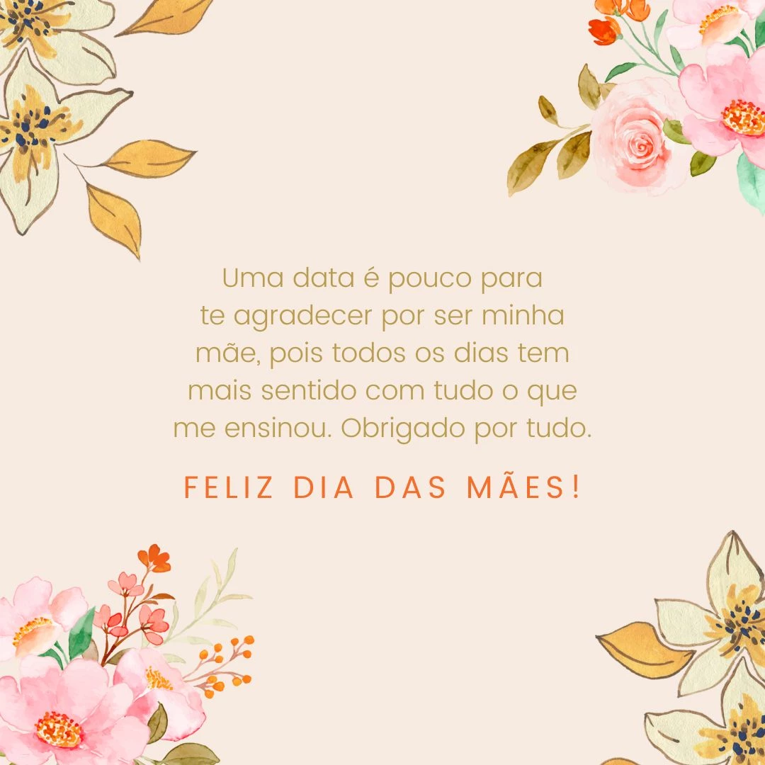 Por me perdoar em meus equívocos e me acolher nos momentos em que mais preciso, eu sei que o amor é possível. Uma data é pouco para te agradecer por ser minha mãe, pois todos os dias tem mais sentido com tudo o que me ensinou. Obrigado por tudo. Feliz Dia das Mães!
